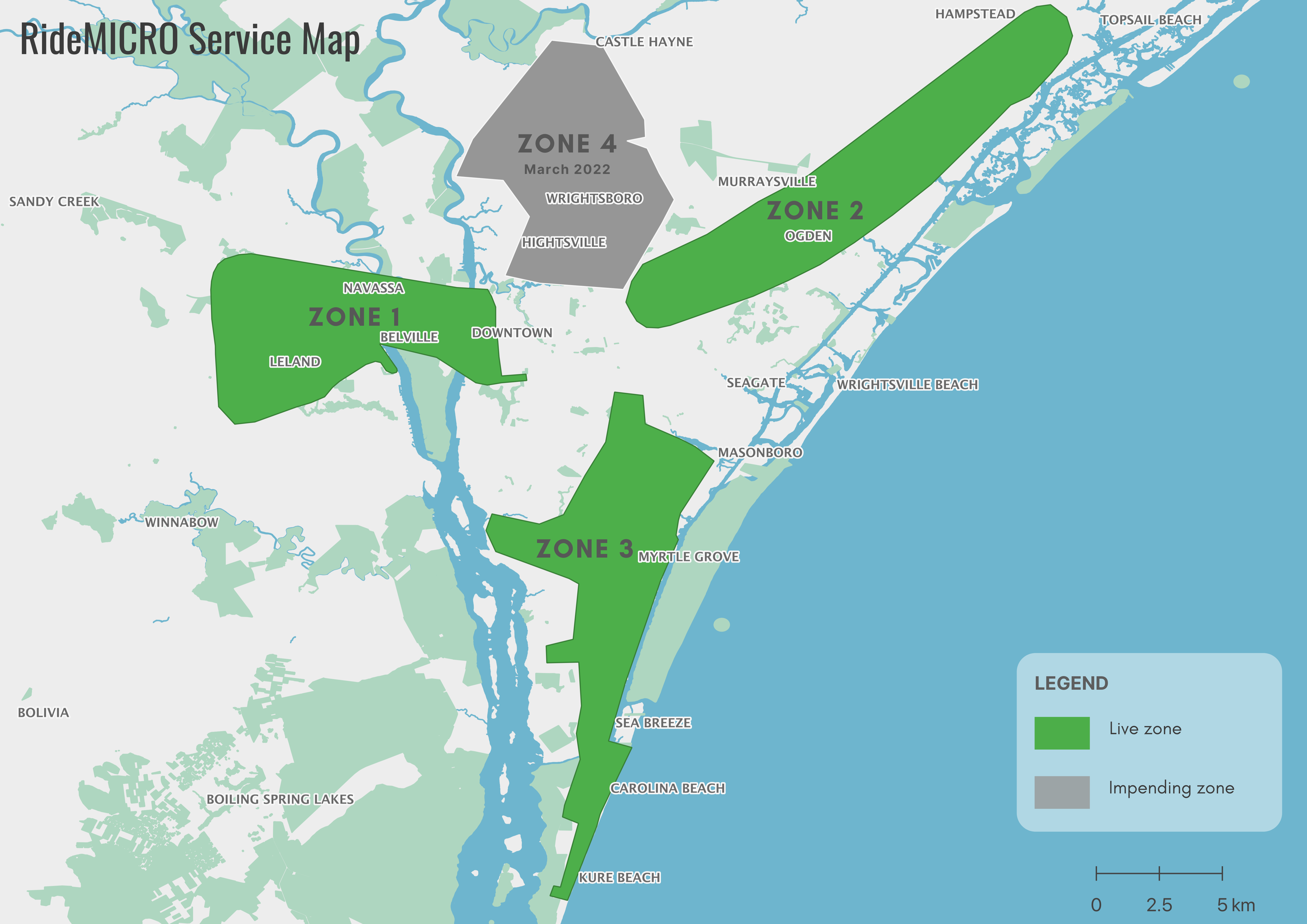 Zoomed out map of New Hanover County, portions of Brunswick County, and portions of Pender County. Map is marked with all 4 RideMICRO zones, with the three active zones in green and the inactive zone in gray.