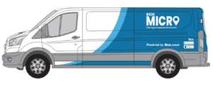 Vector image of a RideMICRO van - a white 14-passenger van with a bright blue wrap covering the back half of the vehicle.