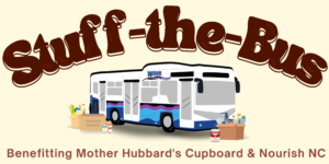 Stuff the bus! Benefitting Mother Hubbard's Cupboard and Nourish NC. A banner showing a cartoon Wave Transit bus surrounded by boxes of donated canned goods.